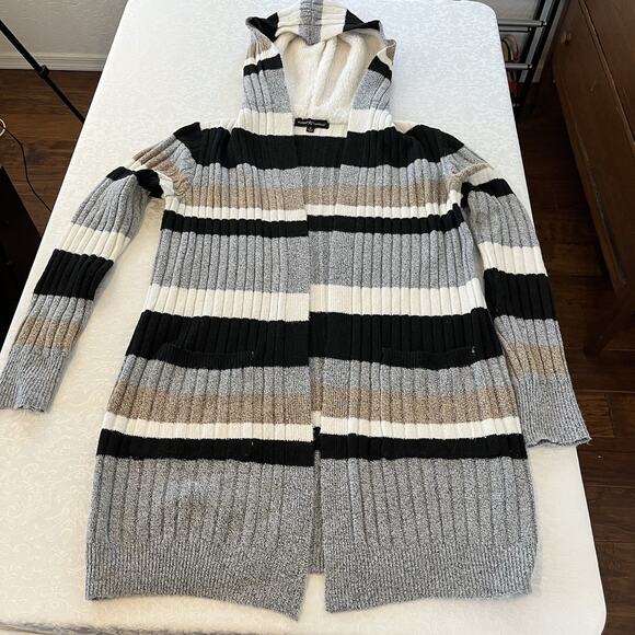 Almost Famous Womens Cardigan Sweater Size S Striped Long Sherpa Hood Pockets - Picture 1 of 11